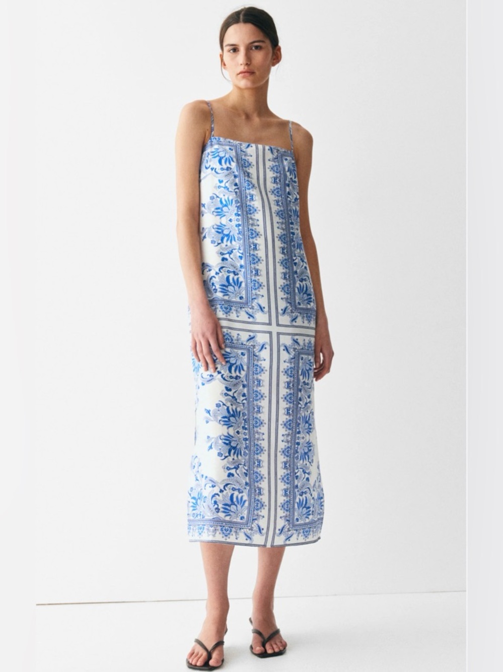 H&M Blue and White Tile-Print Slip Maxi Dress